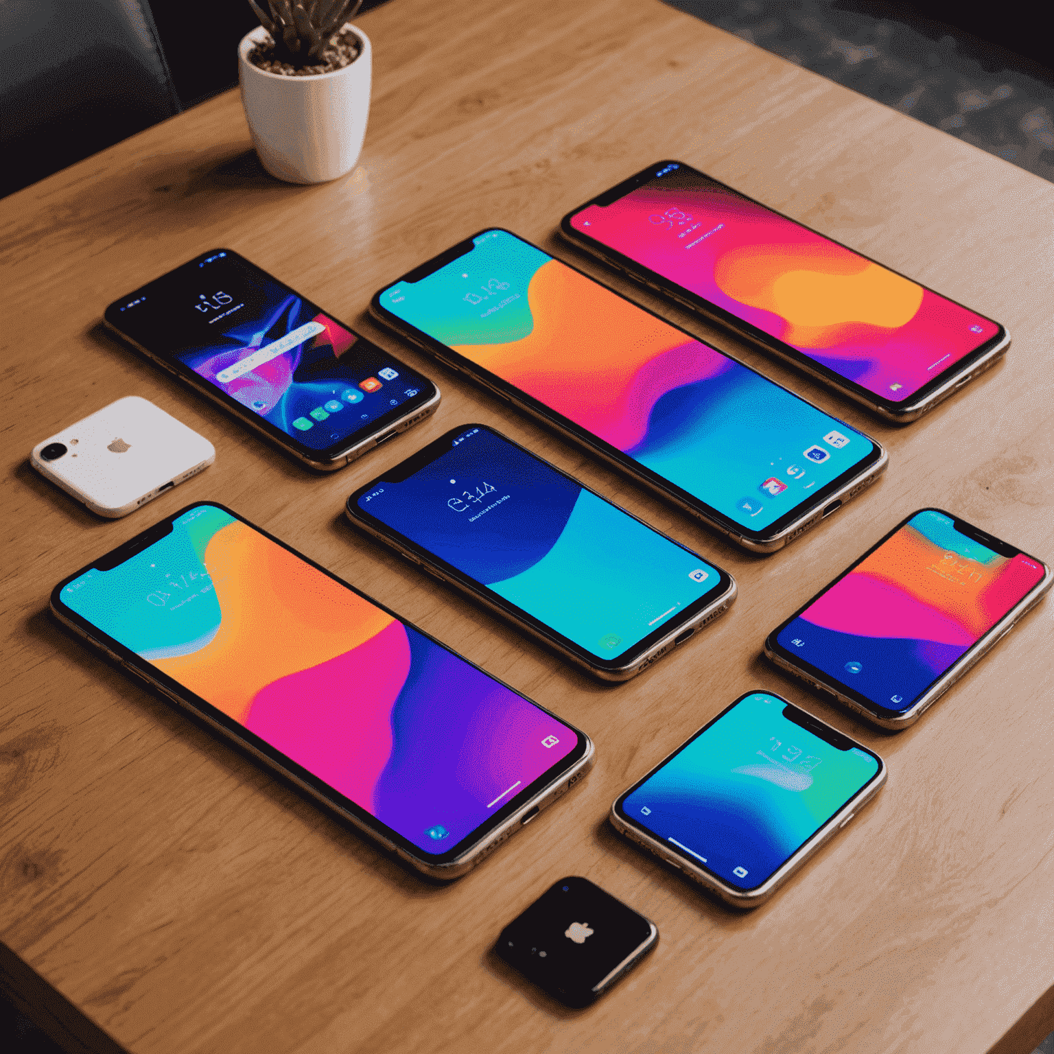 Various new smartphone models displayed on a sleek, modern table with vibrant backgrounds showcasing their features