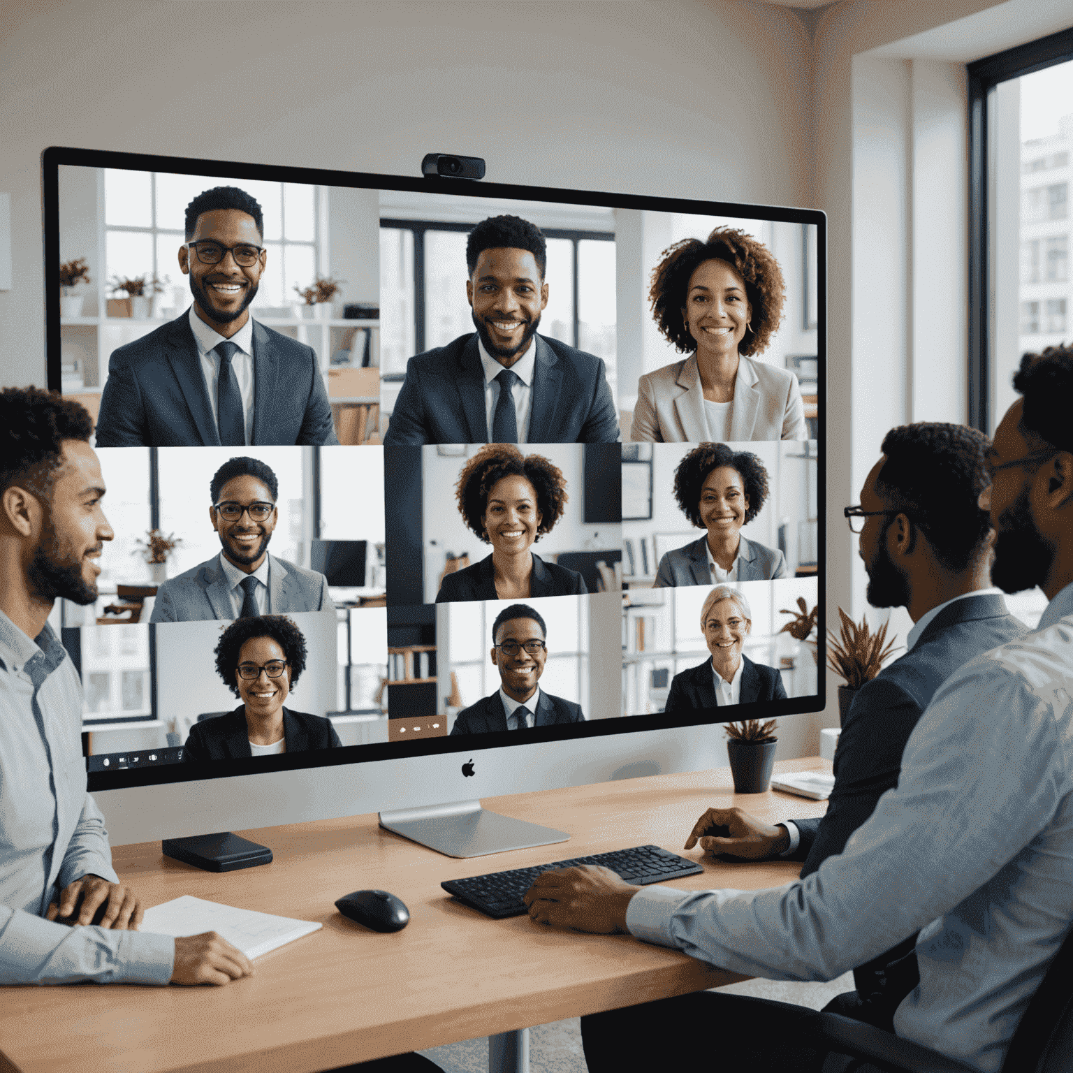 A group of diverse professionals engaged in a video conference call, showcasing the high-quality video and audio capabilities of our service. The image displays multiple participants on a screen, emphasizing the ease of connection for remote communication.