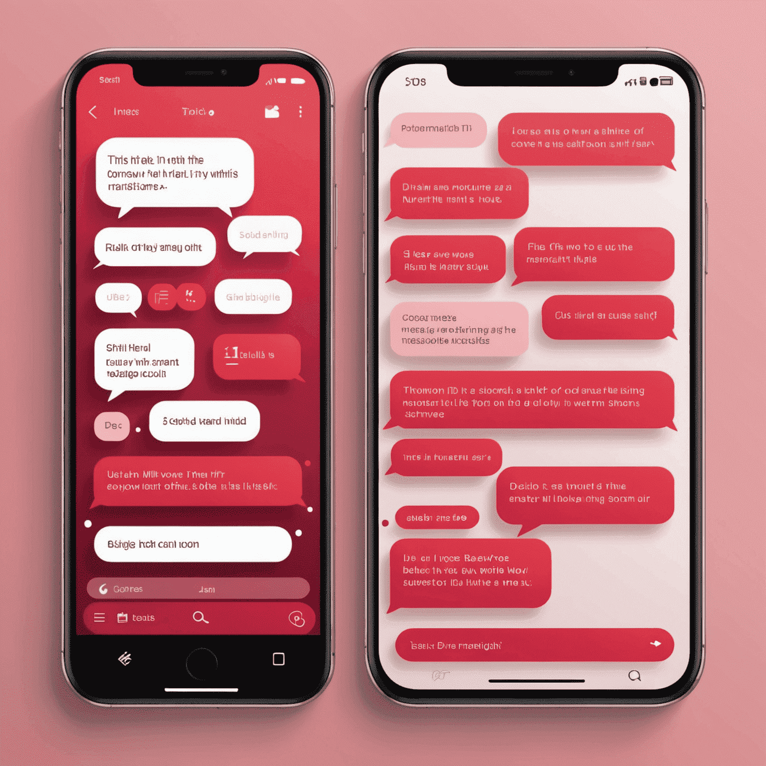 A modern instant messaging interface showcasing real-time text bubbles, image thumbnails, and file sharing icons. The interface has a sleek design with a red and pink color scheme, demonstrating the app's capability for seamless communication.