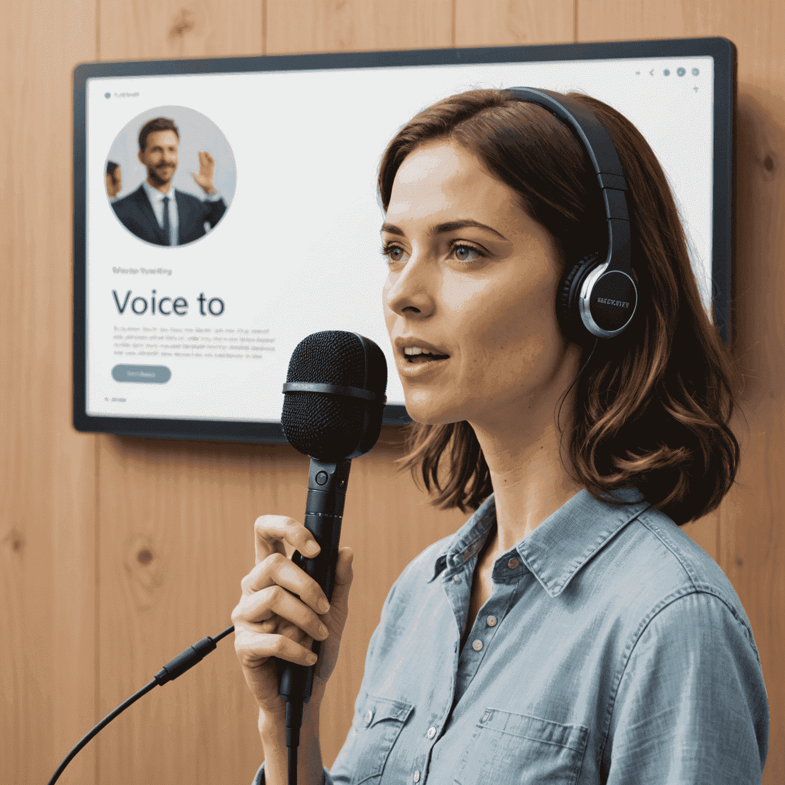 Illustration of a person speaking into a microphone with text appearing on a screen, demonstrating voice-to-text technology