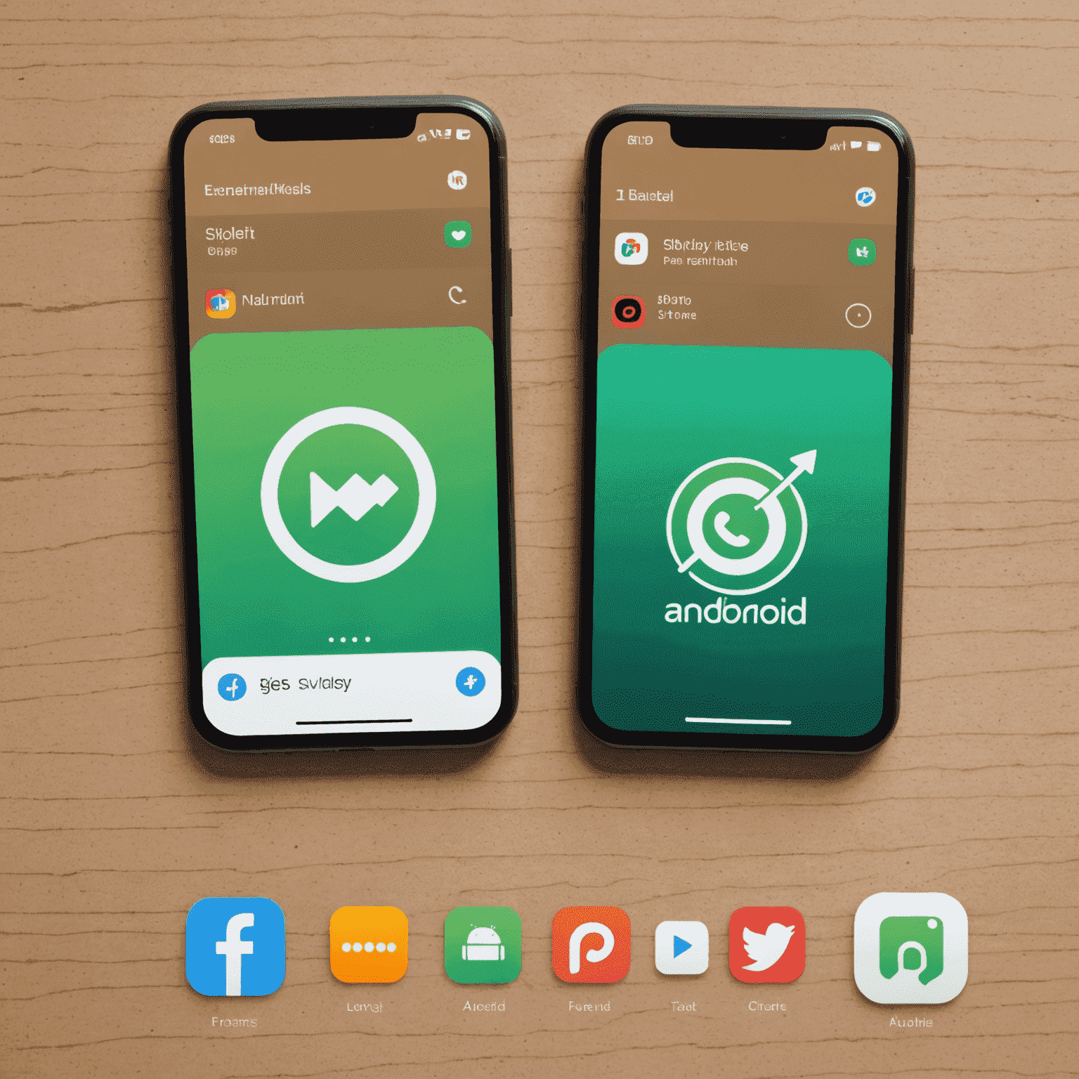 Split screen showing Android and iOS logos with update progress bars and new feature icons