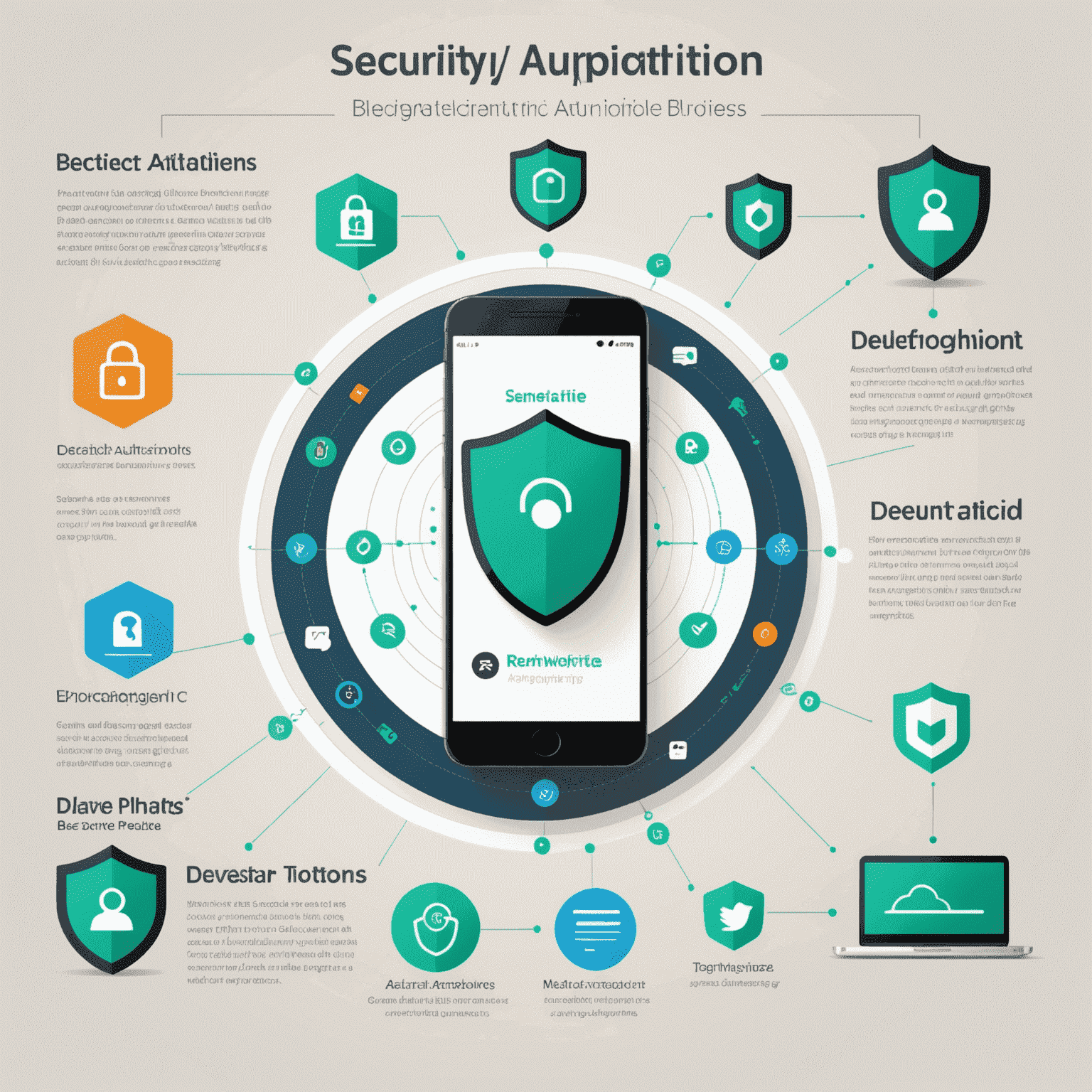 Infographic showing security features like biometric authentication, encryption, and secure messaging across Android and iOS platforms