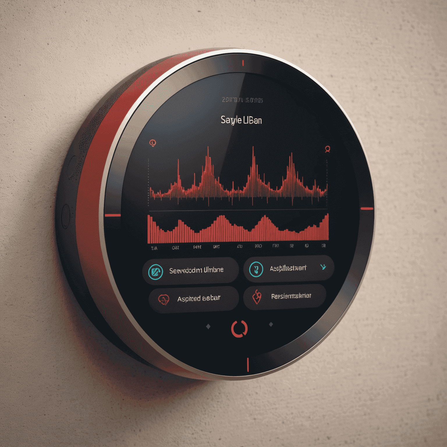 A modern voice assistant interface with red accents, showing voice waves and command suggestions