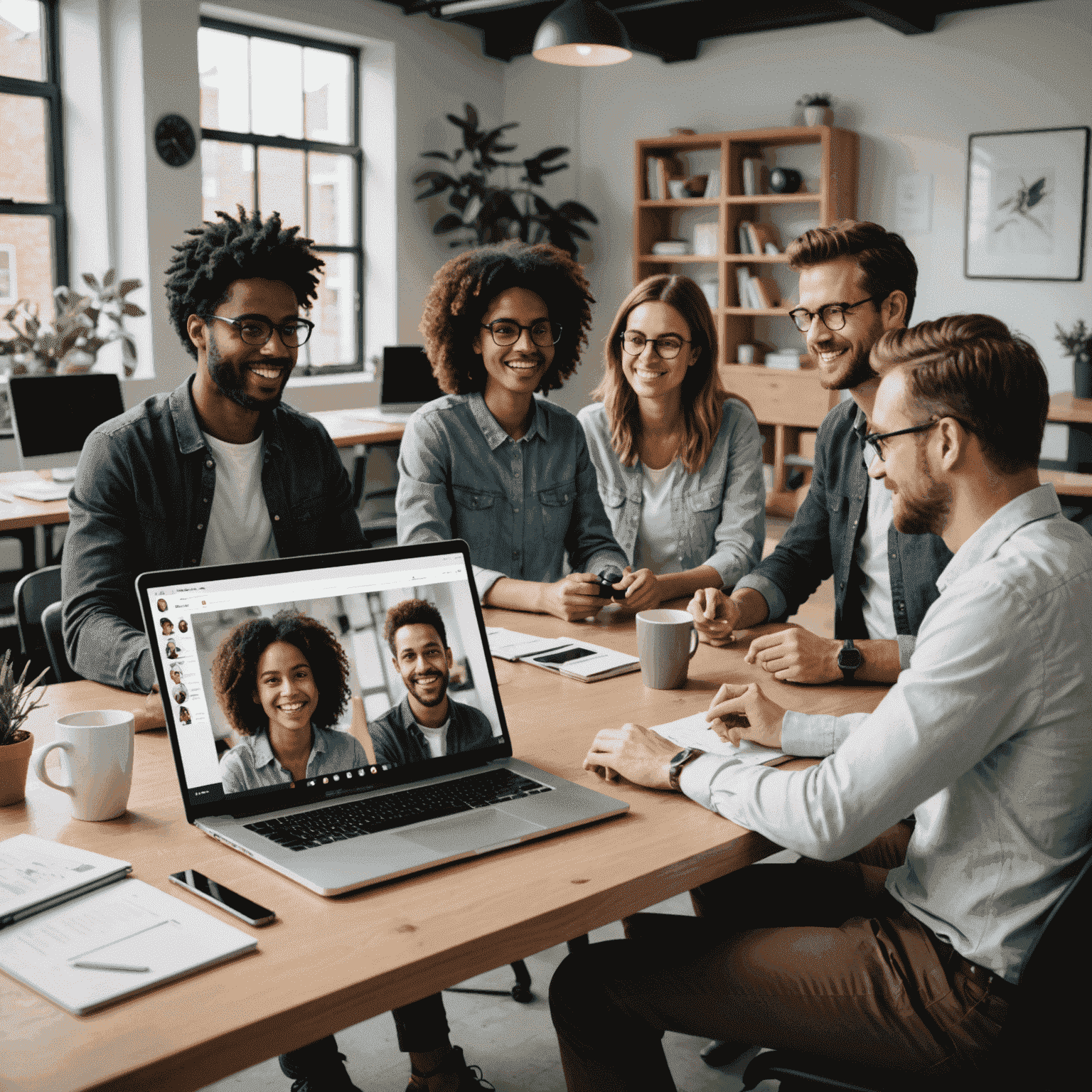 A collaborative workspace showing a group chat, video call, and shared document editing interface