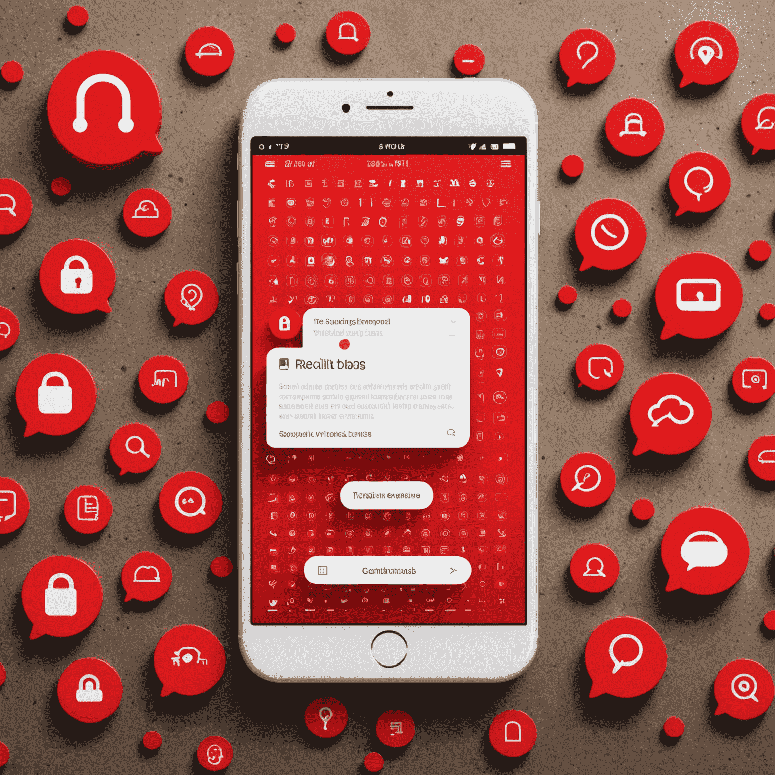 A secure messaging app interface with red lock icons and encrypted message bubbles